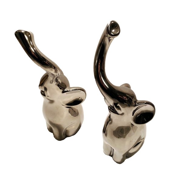 Silver Elephant Figures with Intertwined Trunks, Ceramic Set of 2, Chrome Decor - Picture 15 of 16